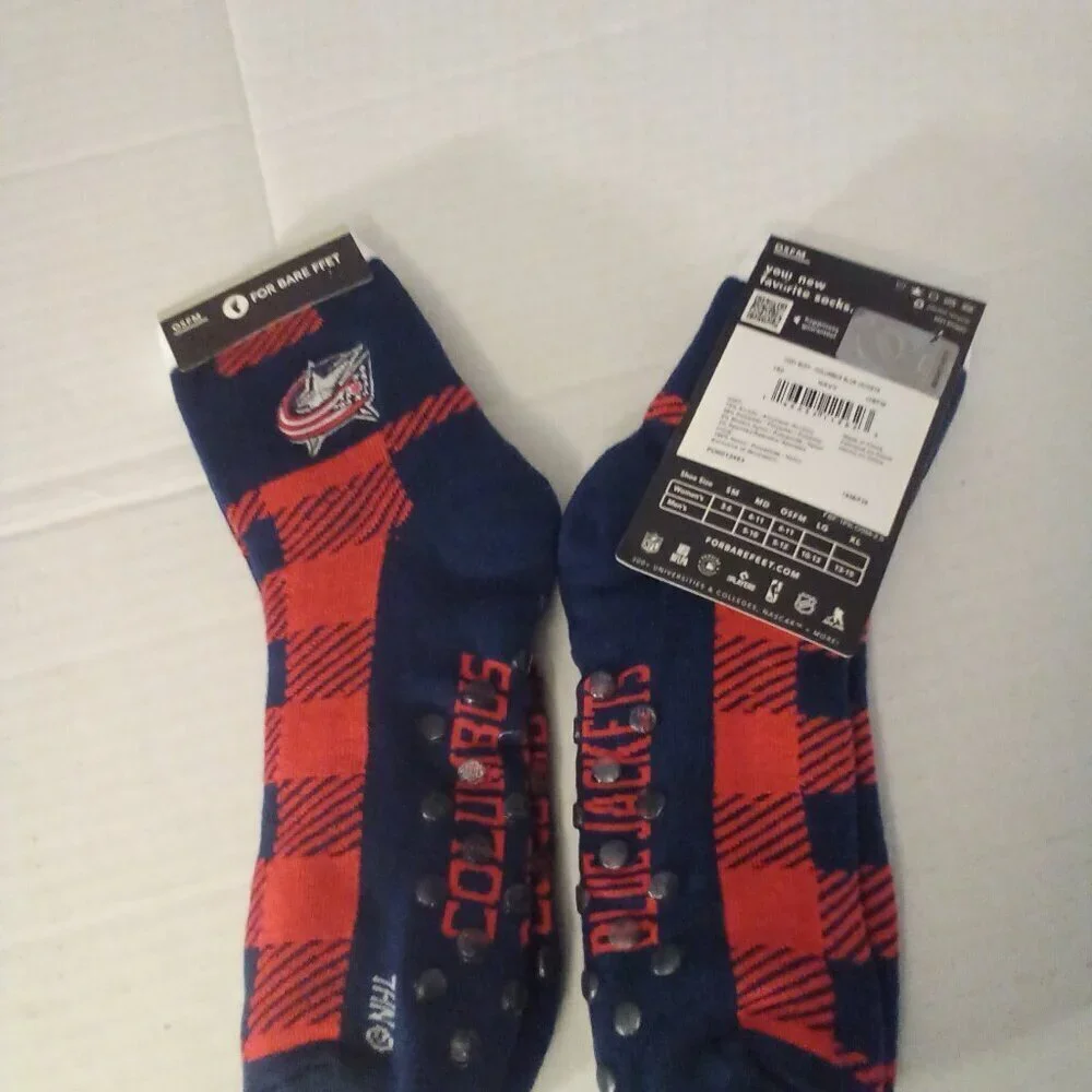 NHL Columbus Blue Jackets 2 Socks OSFM One Size For Bare Feet Plaid Red Blue